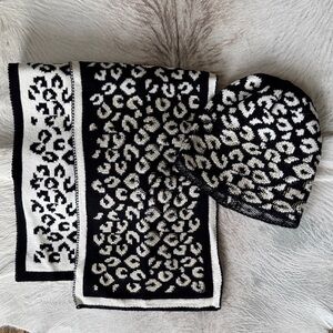 Chico's Black and White Leopard Print Scarf and Hat Set